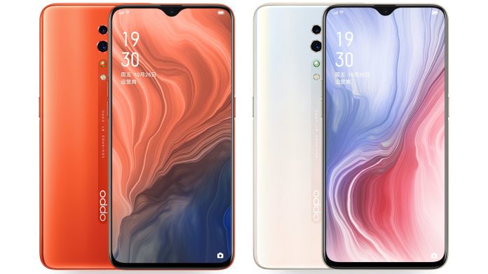 Oppo Reno Z turuncu ve beyaz renklerinin birleşik ön ve arka yüzleri