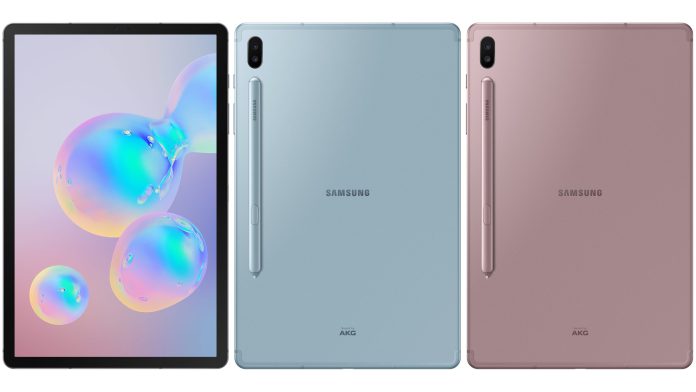 Galaxy Tab S6 tabletin mavi ve pembe renklerinin ön ve ark görseli