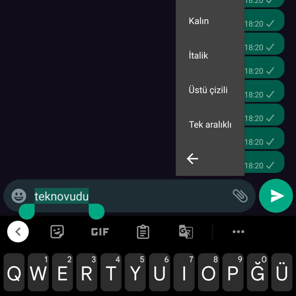 Android, whatsapp, yazı biçimi, kalın, bold, italik, eğik, üstü çizili, tek aralıklı, yazma, nasıl yazılır, yazı biçimi